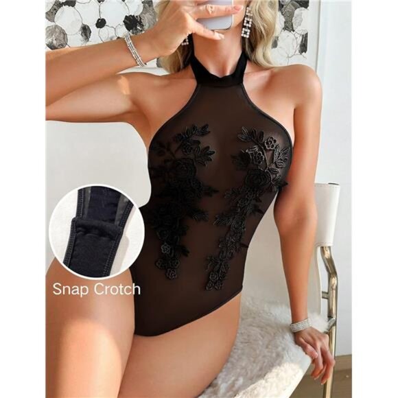 Women Teddy Lingerie Sexy Mesh Bodysuit Black - Picture 4 of 5